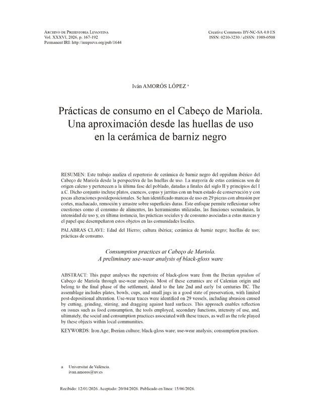 Prácticas de consumo en el Cabeço de Mariola. Una aproximación desde las huellas de uso en la cerámica de barniz negro